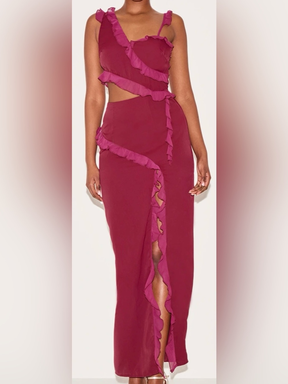 WINE CHIFFON FRILL CUT OUT MAXI DRESS